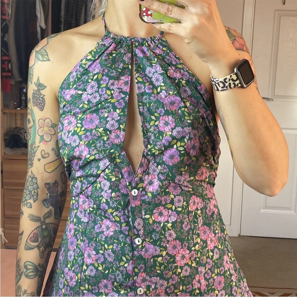Free People Lyla Tunic Blouse Top XS UK 6 8 Green Floral Halterneck Boho BN - Picture 5 of 8
